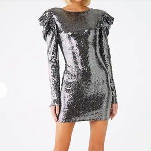 Silver Sequin Mini Dress W/ Fancy Sleeves
